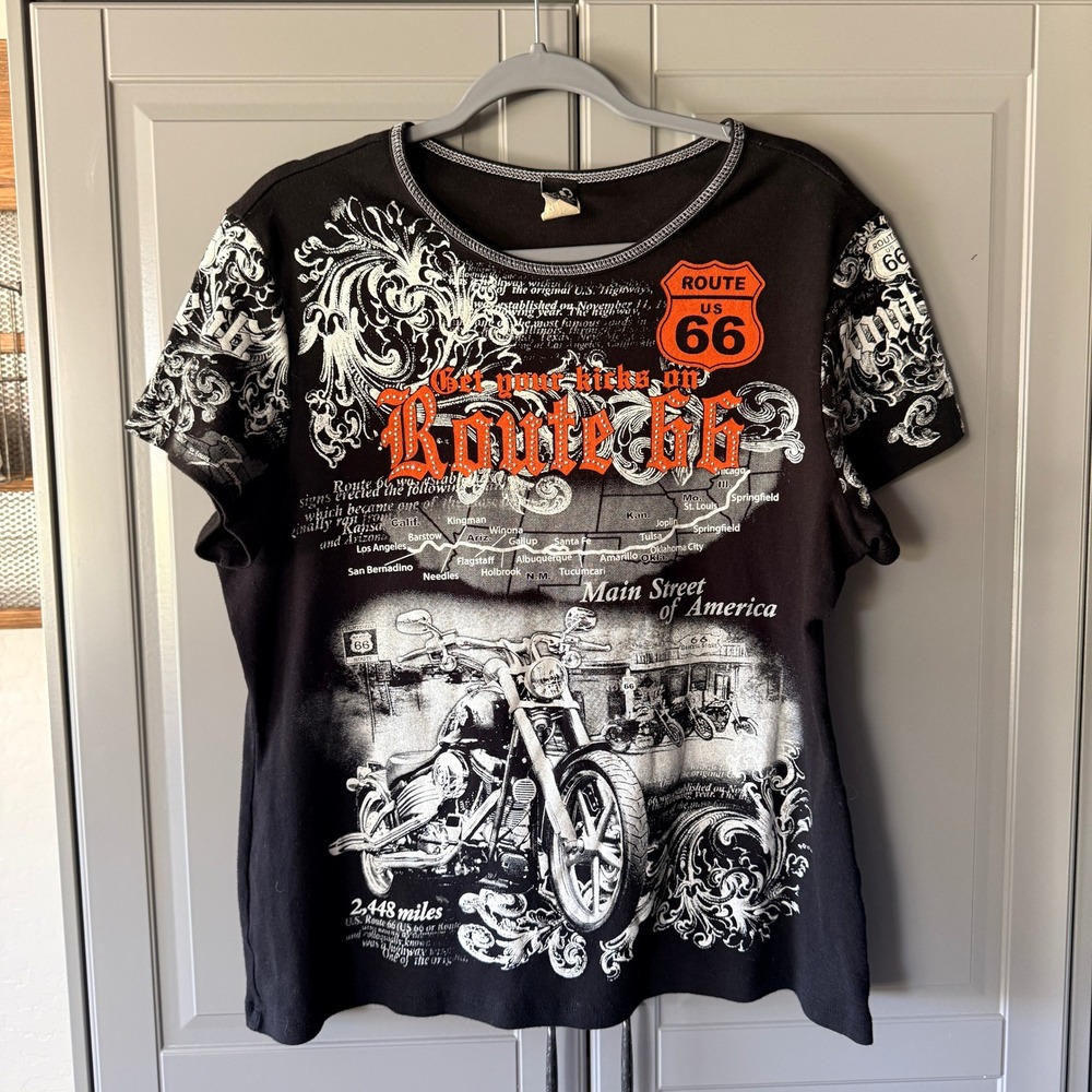 Big Bang Clothing Vintage Women's Route 66 Motorcycle Graphic Tee, Black, 2XL